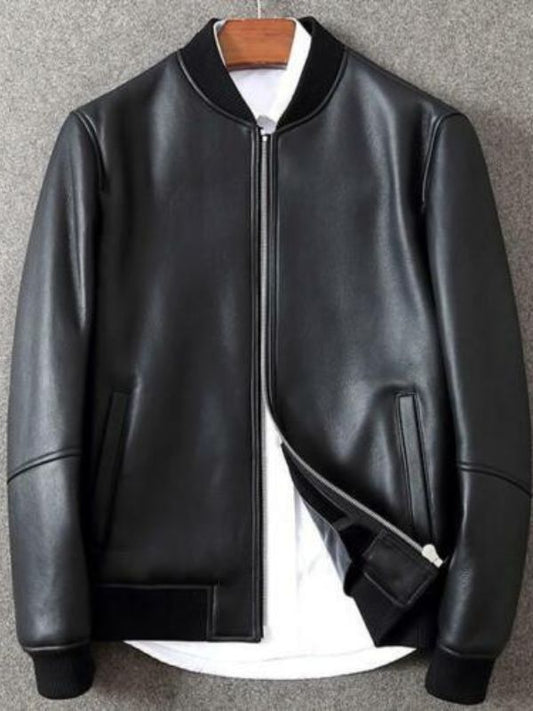 Men Bomber Black Lambskin Leather Jacket Casual Formal - Sale