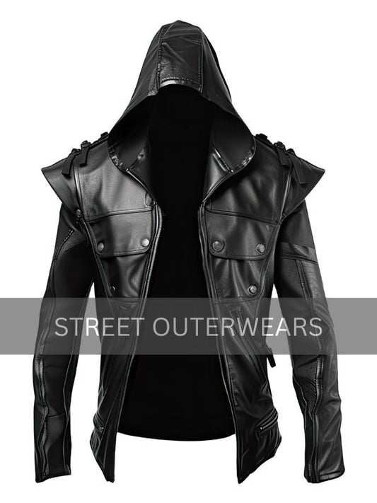 Men's Black Hooded Steampunk Gothic Leather Jacket