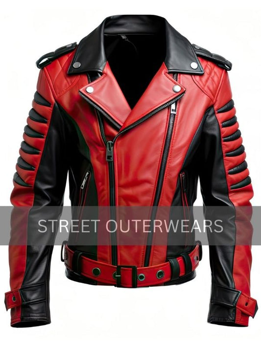 Mens Red and Black Biker Motorcycle Leather Jacket