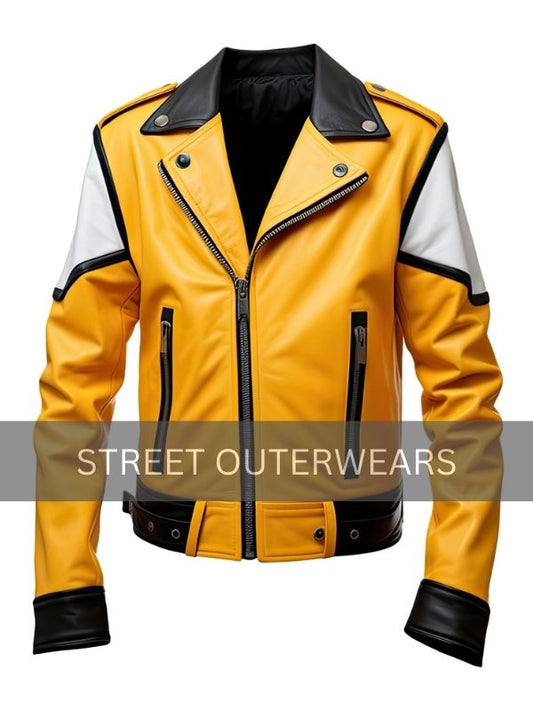 Mens Yellow and White Sheepskin Cafe Racer Leather Jacket