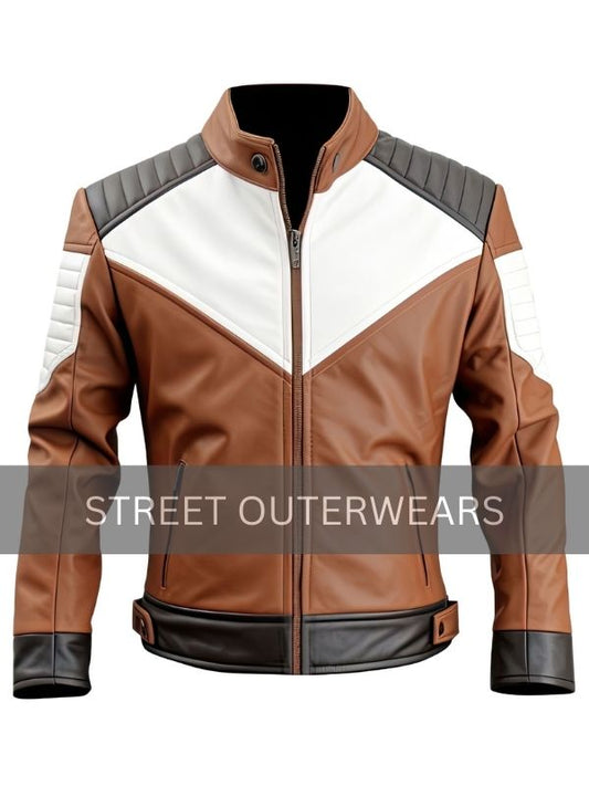 Mens Brown White Classy Biker Leather Jacket