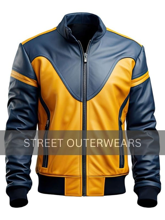 Mens Mustard Yellow and Blue Motorbike Leather Jacket
