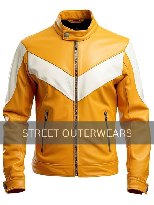 Mens Mustard Yellow and White Biker Retro Leather Jacket