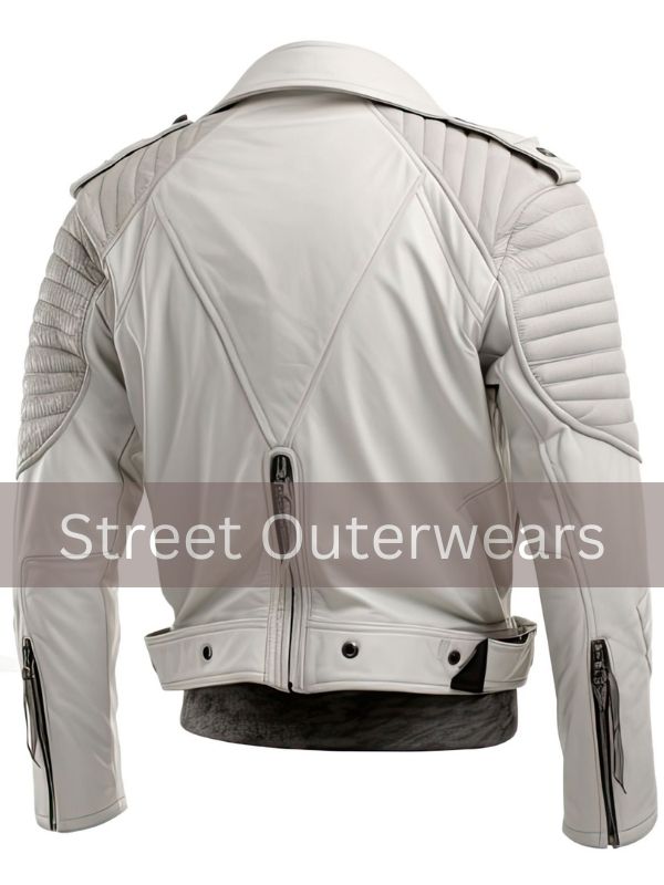 Mens Off White Cafe Racer Belted Biker Leather Jacket L