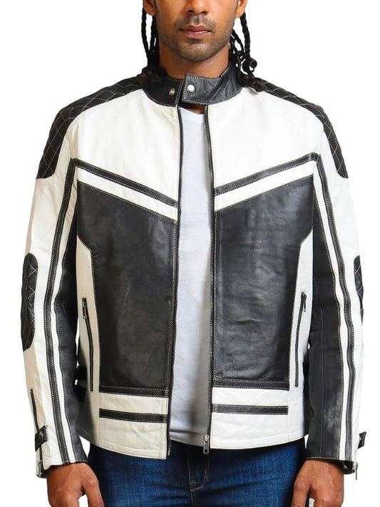 Mens Stylish Black And White Quilted Biker Leather Jacket - Shop Now