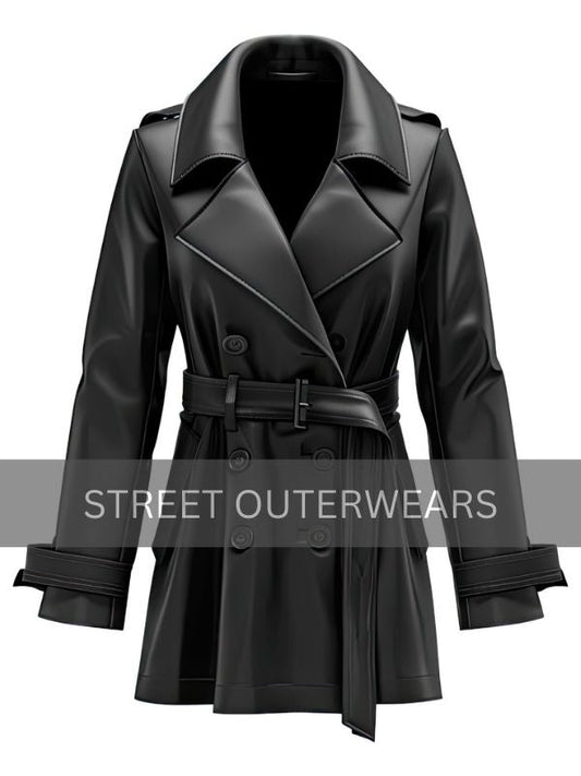 Women Black Leather Lapel Collar Trench Coat