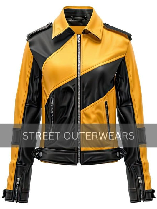 Womens Black and Yellow Moto Rider Leather Jacket