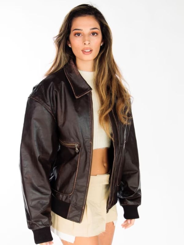 Womens Distressed Oversized 90s Bomber Leather Jacket Womens Distressed Oversized 90s Bomber Leather Jacket