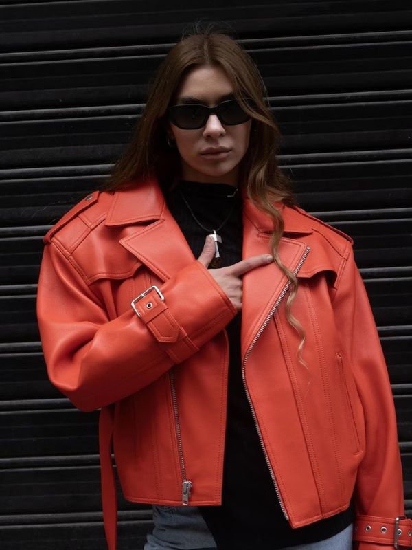 Womens Oversize 80s Orange Biker Cropped Leather Jacket Sale Custom
