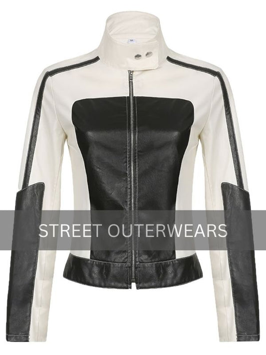 Womens Rider Black and White Biker Racing Leather Jacket